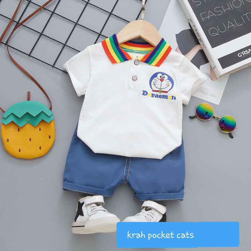 LittleAaron SET KRAH POCKET CATS 1103 EBV Setelan Kemeja Bayi Laki-laki Lengan Pendek