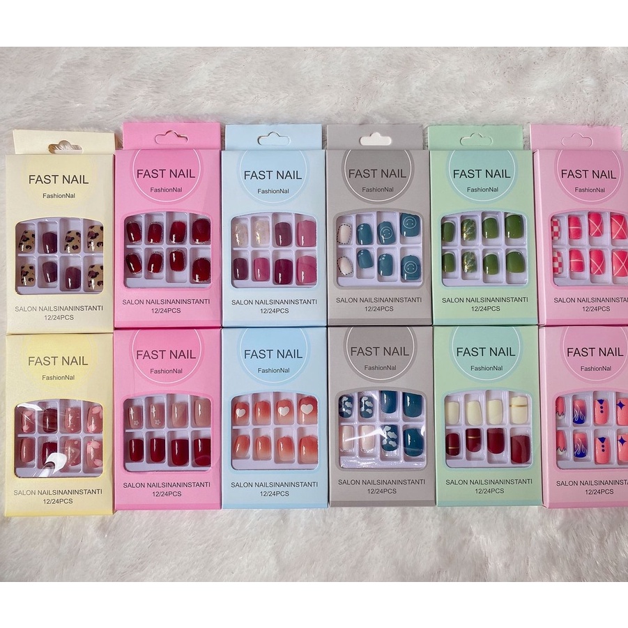 KUKU PALSU ANEKA MOTIF DAN WARNA PERBOX ISI 12 Kuku Palsu FREE LEM Motif Kartun Fake Nail Karakter Manicure Nail Stickers Wedding Pengantin Murah Import