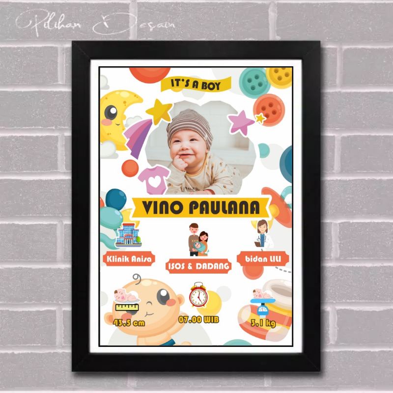 FRAME KACA + CETAK + DESAIN foto biodata anak bayi hadiah gift kado hampers lahiran melahirkan unik