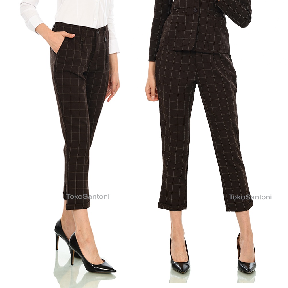 Celana Panjang Wanita Kotak Celana Baggy Kotak Wanita Baggy Pants Jumbo Wanita Celana Tartan Wanita Celana Bagy Pants Plus Size Wanita Kantor Celana Kerja Wanita