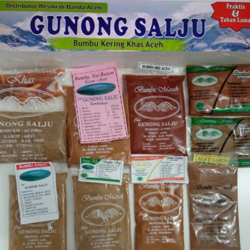 

Bumbu Masak Aceh Gunong Salju, Kari, Msk Putih, Rendang, Mie Aceh, Briyani, Sop, Kanji,Garom,Bandrek