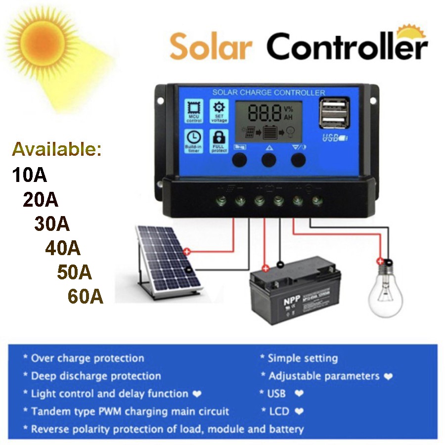 SCC Solar Charge Controller PWM Solar Panel 10A 20A 30A 40A 50A 60A 12V 24V