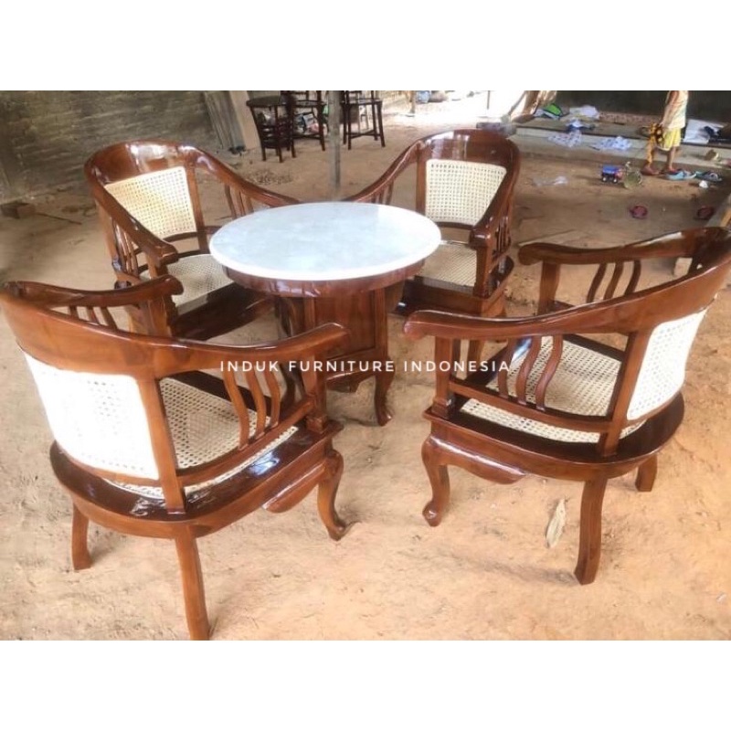 SET KURSI BETAWI LENONG ROTAN TOP MEJA MARMER.KURSI BETAWI 4 KURSI