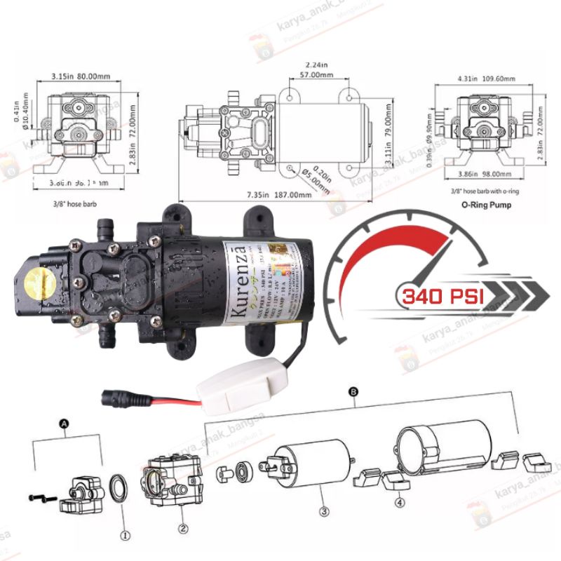 🈲🇯🇵 Paket Mesin 340 PSI + Adaptor 10A  Motor pump DC Mist Hidroponik