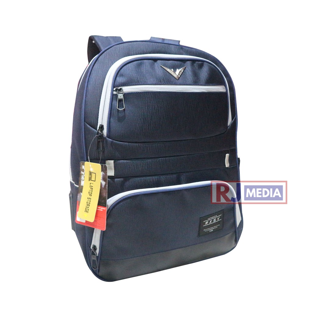 Tas Punggung Sekolah SD SMP SMA Kuliah Kerja Ransel Laptop Rexsove Navy imitasi Hitam Bahan Polyester Tebal Berkualitas Awet Backpack Pria Wanita Free Raincover