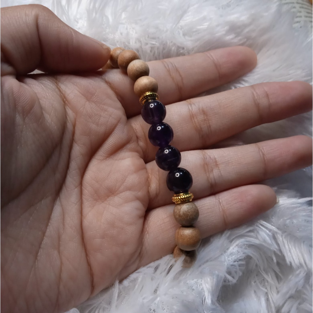 Gelang Batu Original Handmade Kayu Cendana Kombinasi Batu Alam Amethys