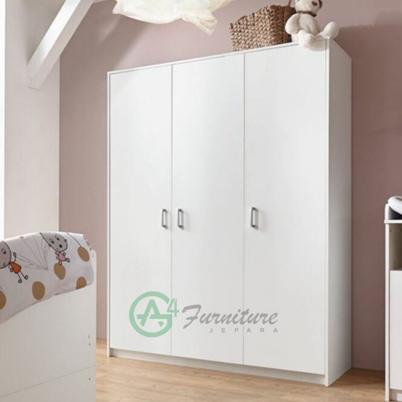 Lemari Baju Anak Anak Warna Putih 3 Pintu - Kayu Mahoni