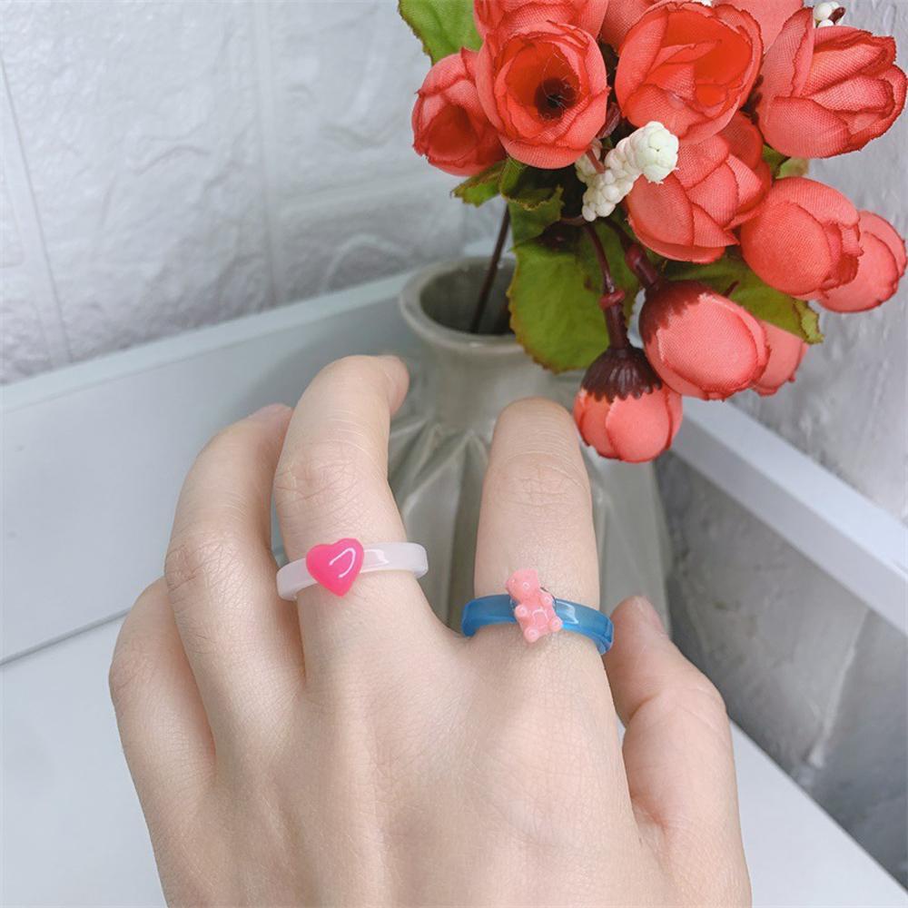 Agustinina Bear Cincin Resin 2pcs/set Gadis Geometris Transparan Manis Untuk Wanita Fashion Jewelry