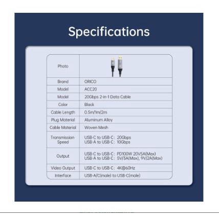 Cable data charger Usb-C to type-c pd with Usb-A connector orico 200cm 2m 2 meter 5A 20Gbps 100w 2in1 aluminum braided acc20-20