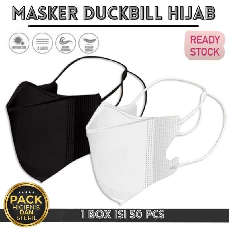 Masker 1Box isi 50Pcs Masker Hijab Duckbill Headloop Mask Disposable Mask Earloop Free Konektor JSP