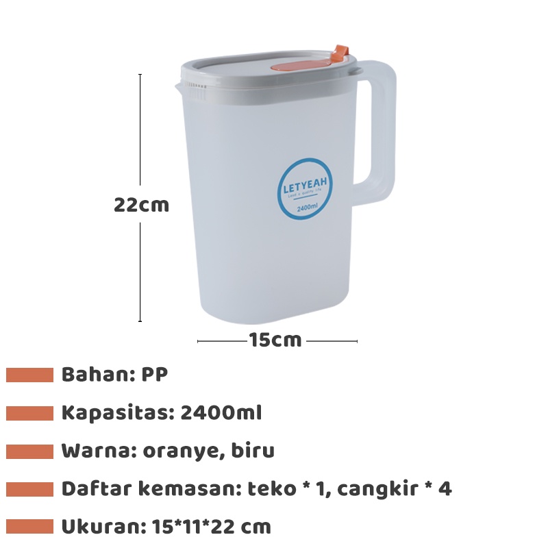 Letyeah &amp; Anantagt teko set jus air teh kopi/Water Jug plastik dengan 4 cangkir 2400ml/pitcher air Plastik