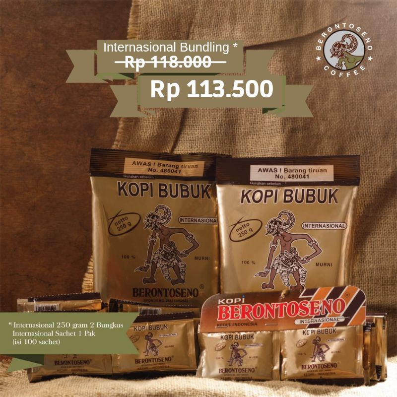 

Kopi Berontoseno Bundling Internasional 250 gram + 100 Sachet Inter