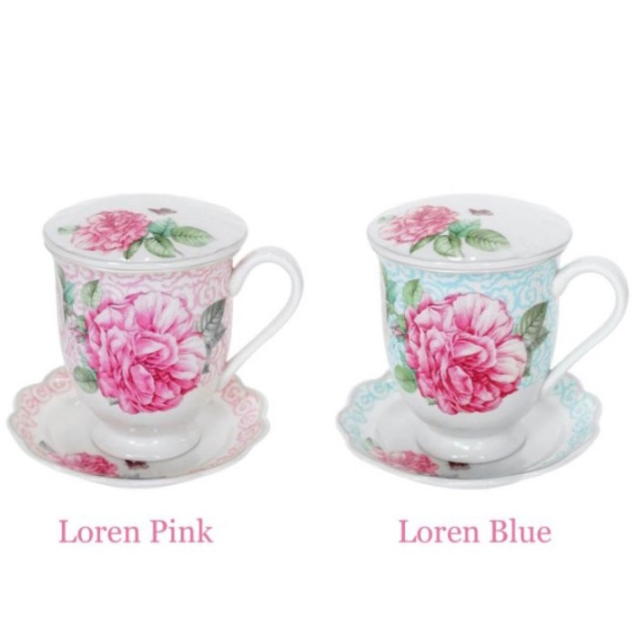 Ceramic Mug Set 3pcs Loren Saint St James cangkir dengan tutup tatakan - Biru
