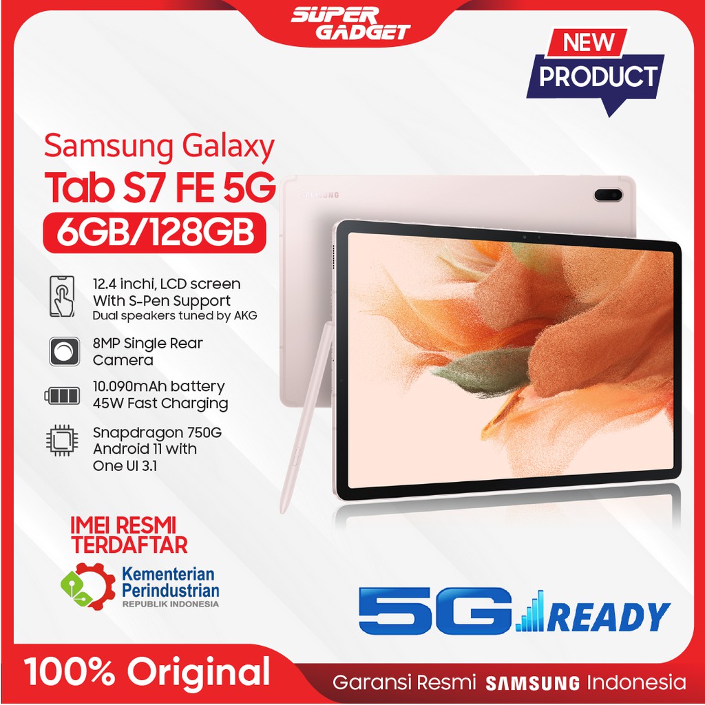 Samsung Galaxy TAB S7 FE T736 RAM 6 GB ROM 128 GB 6/128 12 Inch 5G Original Garansi Resmi SEIN-Mystic Pink
