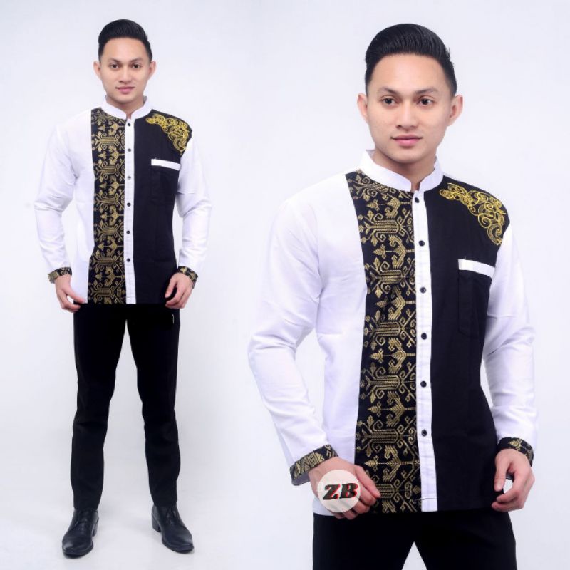 Baju Koko Pria Bordir Kombinasi Batik Semi Songket / Atasan Muslim Pria Koko Hilwa Murah-Gold Panjang