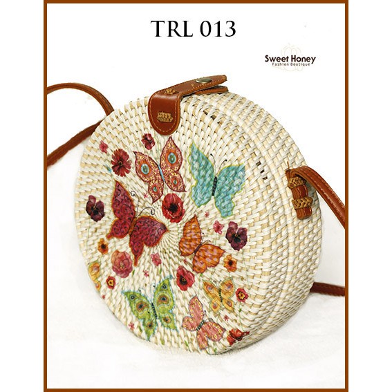 Sweet Honey ~ Grosir Tas Rotan Bali Lukis Decoupage Motif Kupu TRL013 Diameter 20cm Bisa COD Bayar di tempat