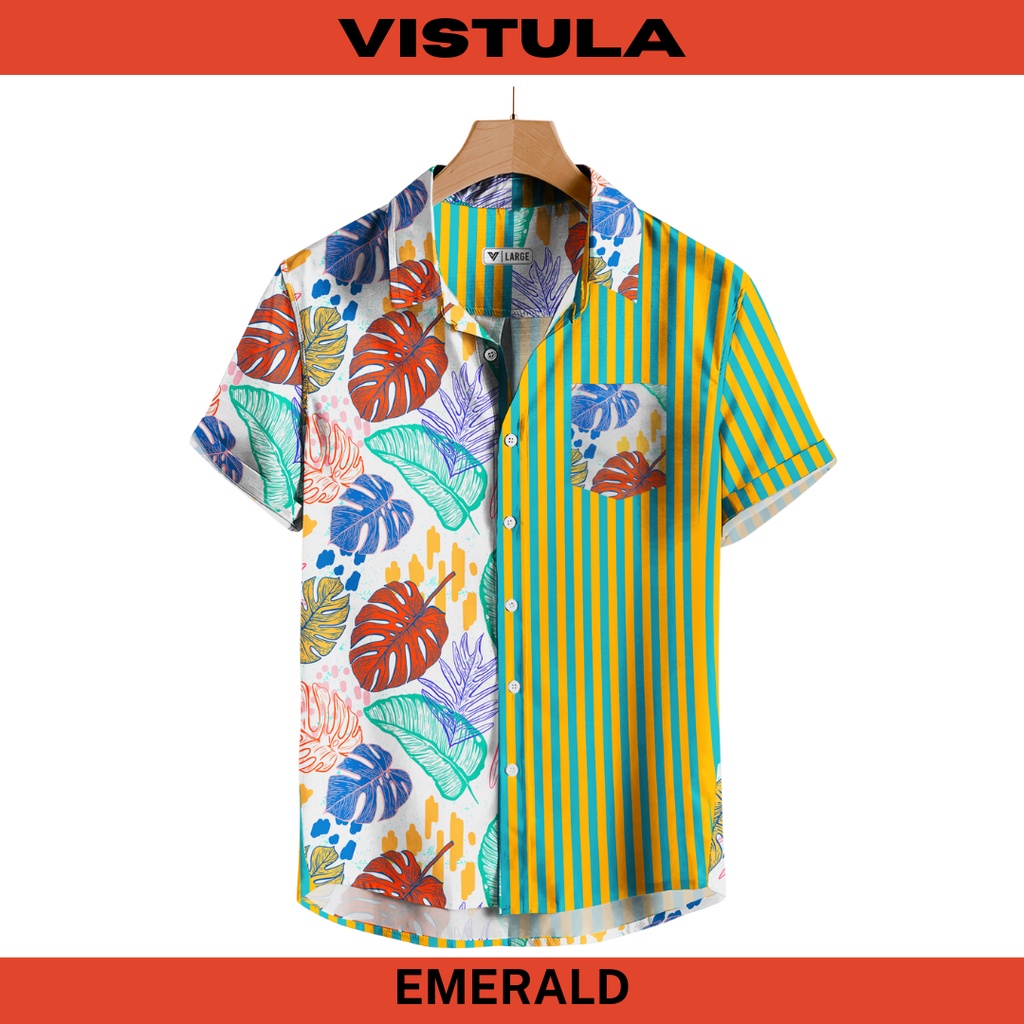 Kemeja Pantai Lengan Pendek Pria Color Block Series - EMERALD