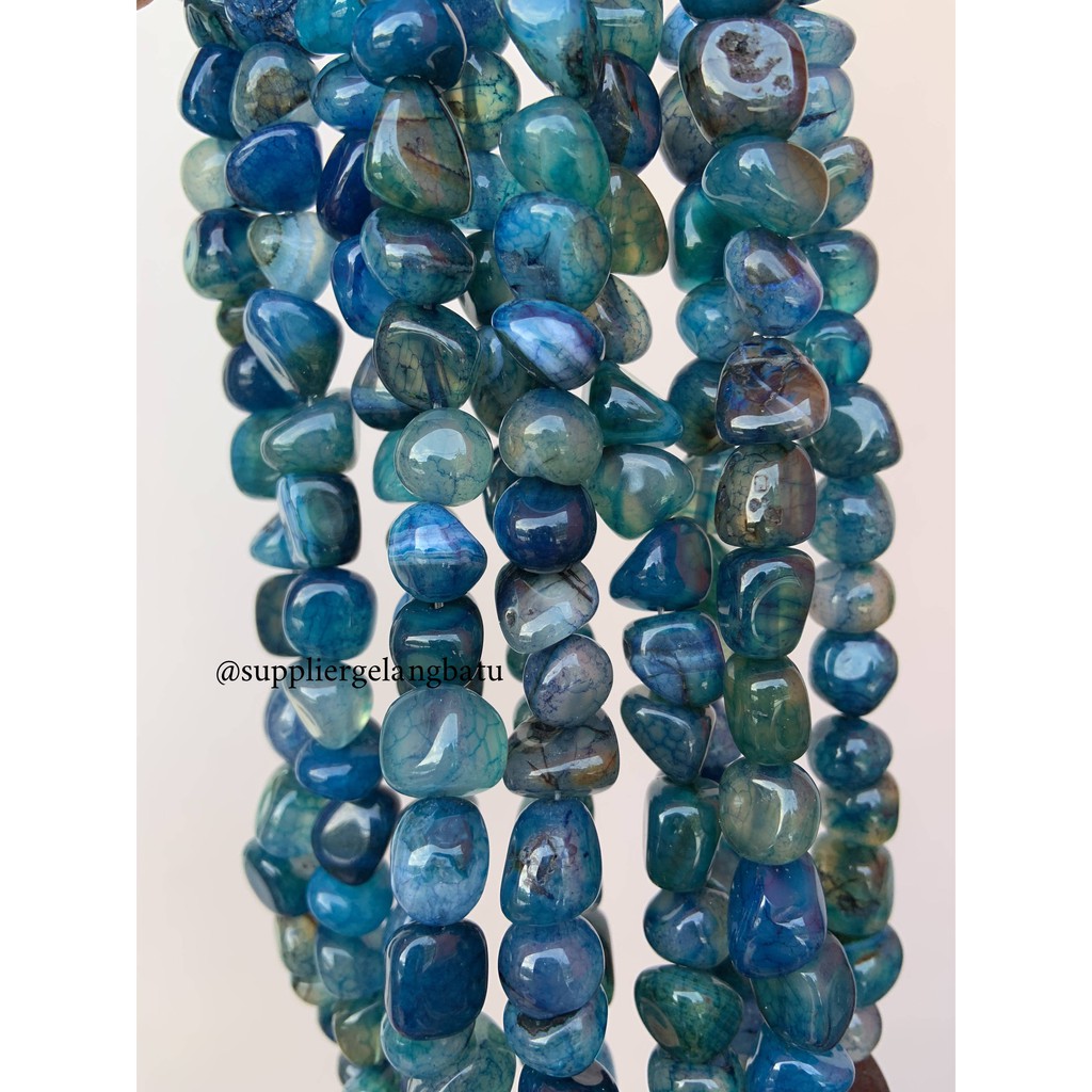 manik Batu alam BLUE ONYX biru serat Beads 12 x 10mm bahan kerikil