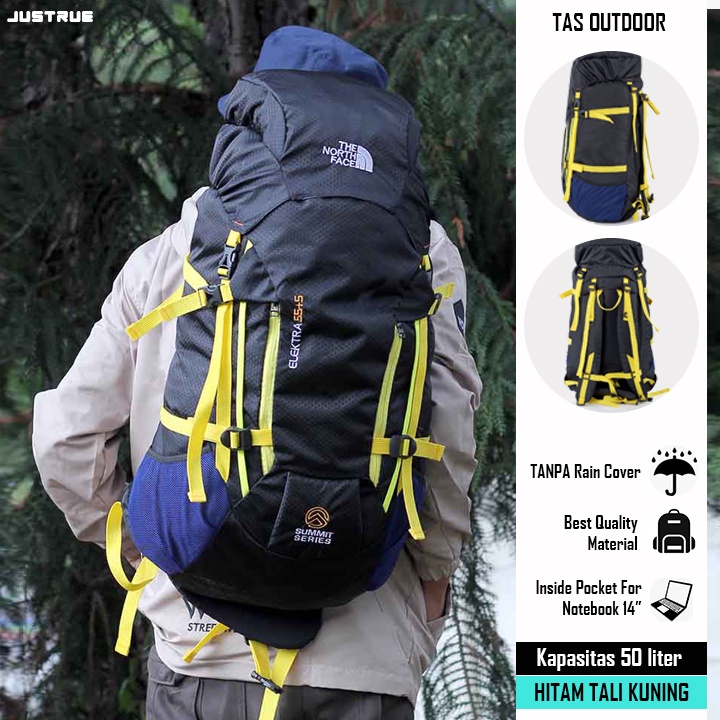 Justrue TNF Tas Gunung 50 Liter Ransel Keril Camping Hitam Kuning 600