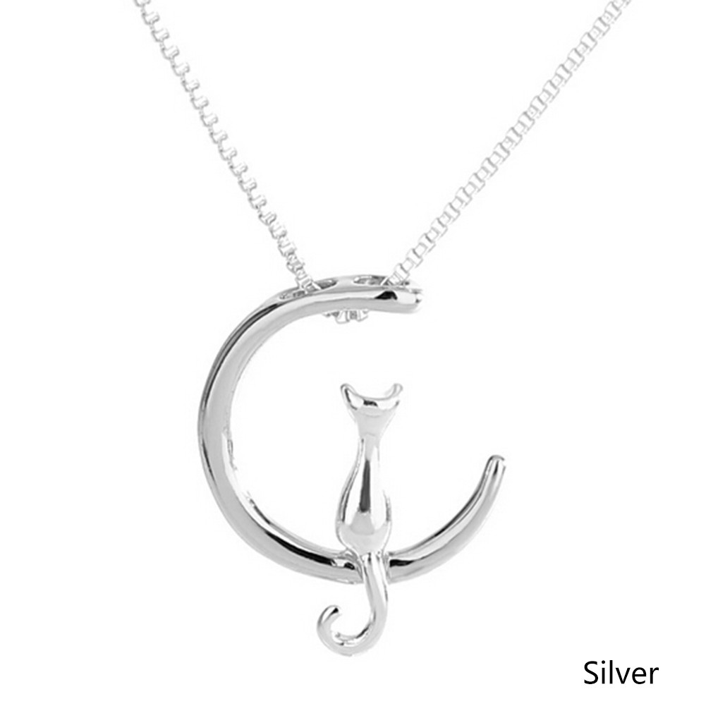 Fine 925 Silver Cats Moon Pendant Necklace Romantic Charm Alloy Chain Necklaces