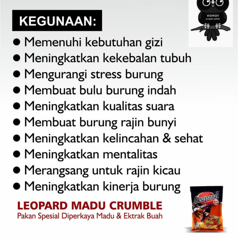 pakan burung, leopard madu crumble