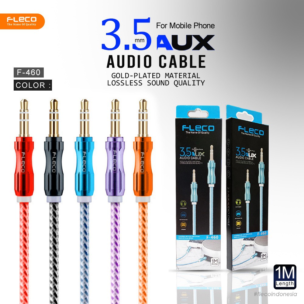 kabel aux audio Fleco F460 1 in 1 1x1 3.5mm metal 1M &amp; PREMIUM KABEL AUX F-450 JACK 3.5MM NEW