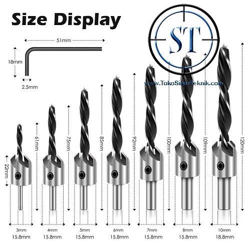 7 set Mata Bor Countersink Drill Bit Round Shank HSS Pelubang Kayu Hand Screw Bor Plus Kunci L isi 7pcs