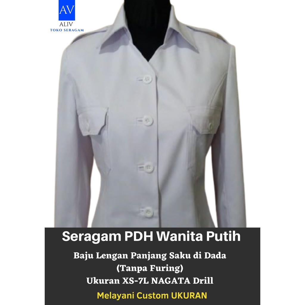 Atasan Seragam Kemeja PDH Pemda Putih PNS Wanita Nagata Drill Ukuran XS-7L Lengan Panjang