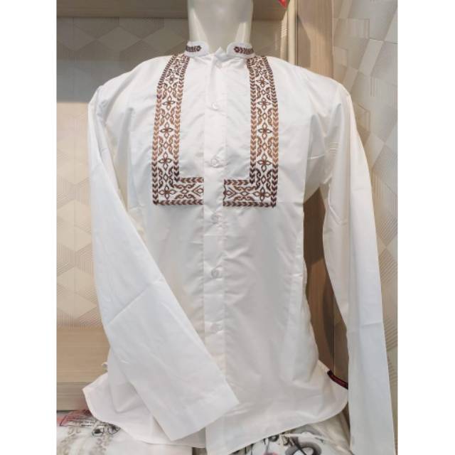 Baju koko preview plus putih lengan panjang bordir coklat