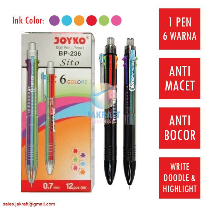 

Pulpen Ballpoint Pen Klik JOYKO BP-236 SITO 6 Warna 0.7 mm Anti Macet