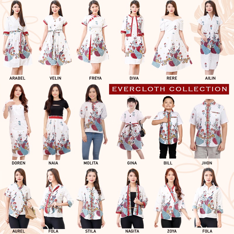 Evercloth Molita Atasan Batik Wanita Blouse Batik Perempuan Model Lengan Puff Baju Batik Cewek Katun Stretch Premium Batik Couple Family Set Sarimbit Burung Hong Merah Putih