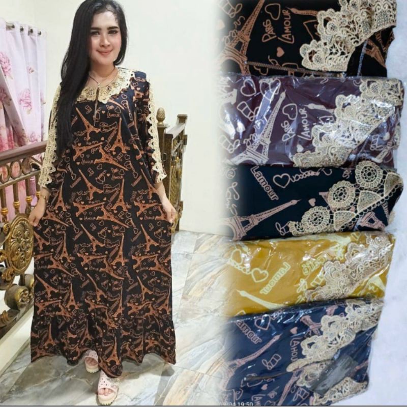 Longdres renda arab motif paris Daster busui renda lengan panjang motif menara