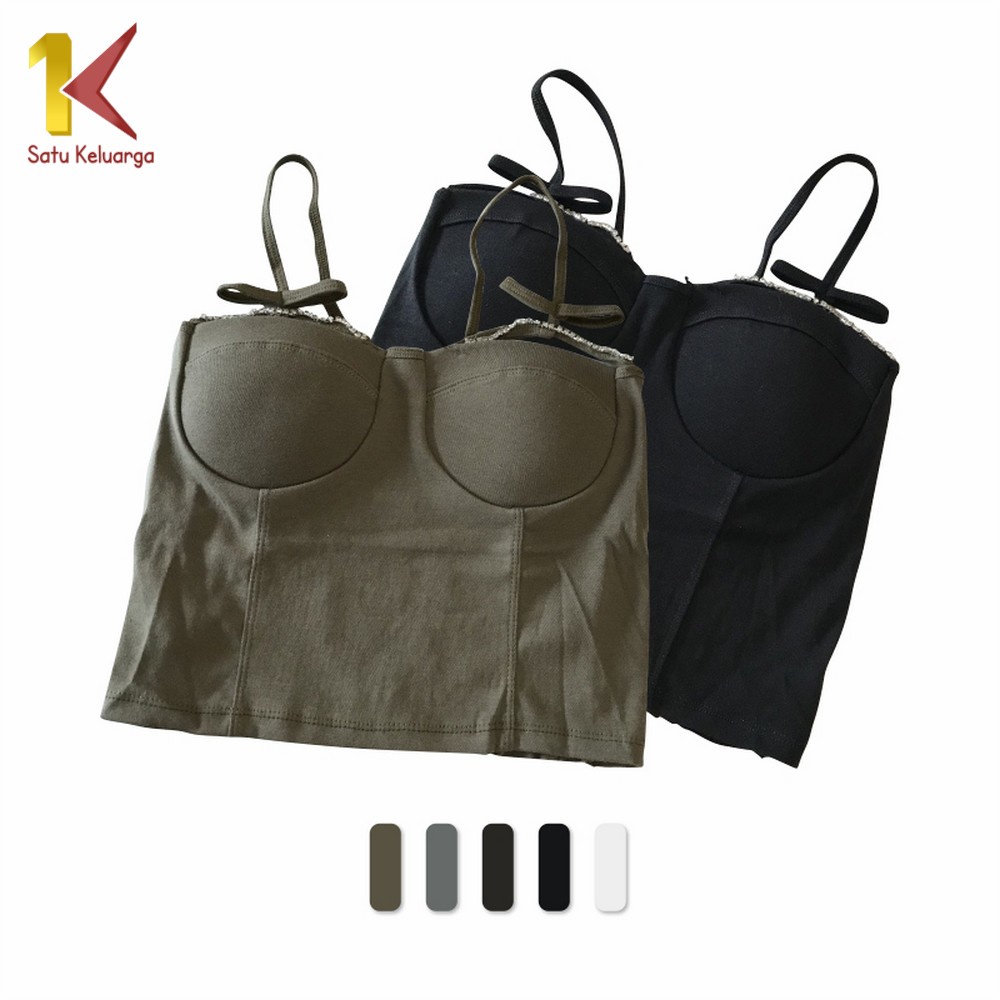 1K Tanktop Bra Tanpa Lengan Motif Polos Dengan Aksesoris Manik Manik P230 Tengtop Busa Push Up Bra