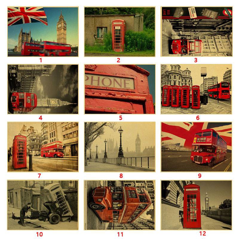 Poster Desain London Red Busses Dan Telepon Booths Gaya Retro Vintage Untuk Dekorasi Cafe Bar