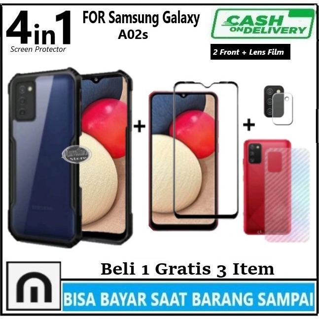 PROMO Paket 4in1 Case Samsung Galaxy A02s A03s M02s Casing Transparan + Anti Gores Kaca Full Layar + Anti Gores Kamera + Skin Carbon Soft Case Armor Shockproof Fusion Bumper Pelindung Belakang Full Cover