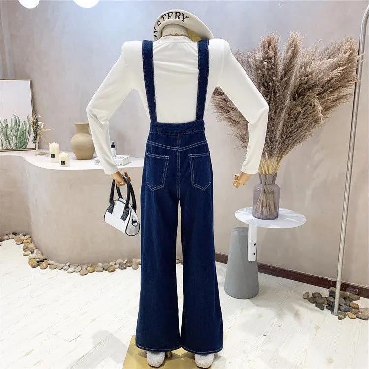 2022 musim semi baru versi Korea in menunjukkan overall denim tinggi pinggang tinggi wanita menunjuk