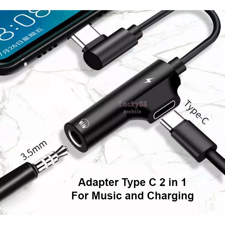 New  2 In 1 Earphone Adapter L Kabel Charge Headphone Audio Jack Aux Adapter Android 90 Derajat 2in1