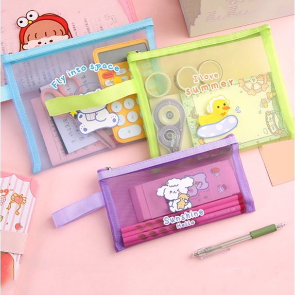 TEMPAT PENSIL JARING ZIPPER TRANSPARAN KARAKTER HEWAN LUCU PENCIL CASE CARTOON / Tempat Pensil Jaring Zipper Transparant Karakter Ins Asthetic Pencil Case