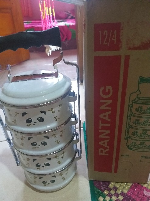 Rantang Enamel Seng Kaleng Jadul 12/4 Putih / Lunch Box Tempat Wadah Makan Enamel 4 Susun Putih