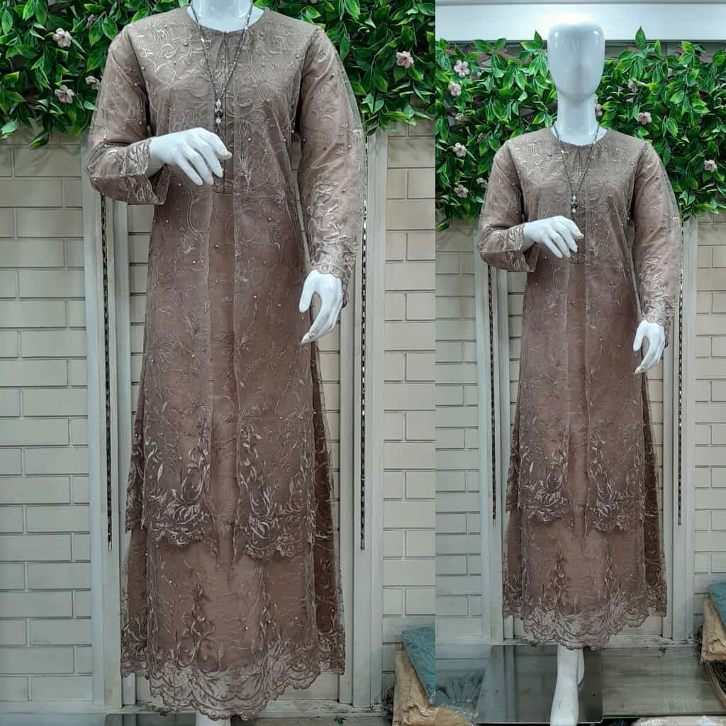 promo long gamis full tulle mutiara bordir / gamis pesta