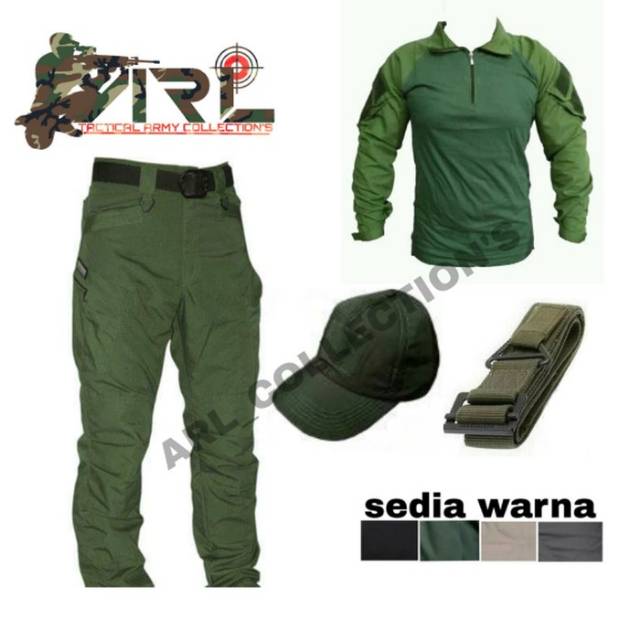 Setelan satu set celana/kaos/topi/sabuk/BDU SHIRT TACTICAL OUTDOOR HIJAU ARMY/PDL/LAPANGAN