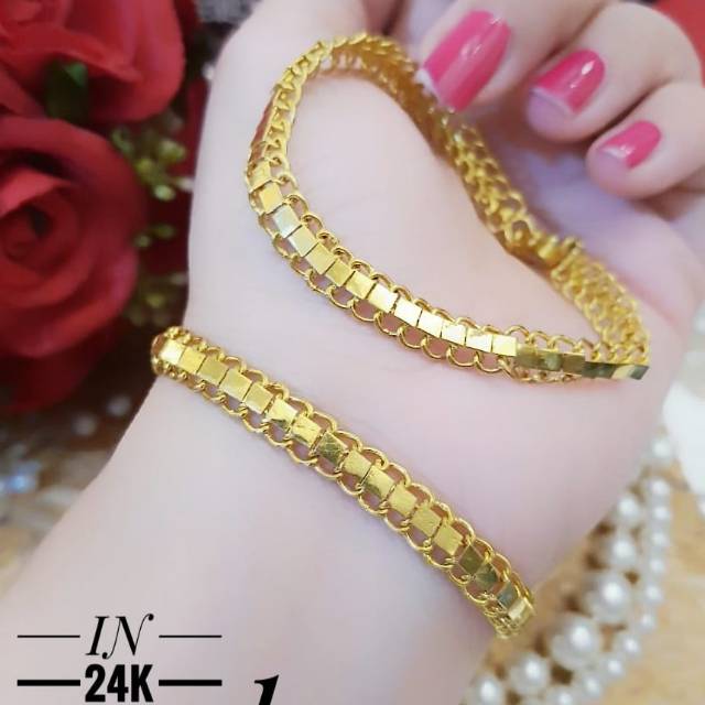 (AGS) TERMURAH Set Perhiasan Lapis Emas 24 Karat Gelang Xuping Rantai Lipan Cantik Titanium Gold