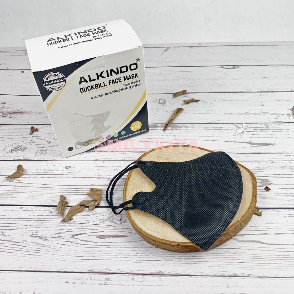Masker Duckbill Alkindo 4 ply Earloop Black White Lapisan Hitam Putih Warna Cantol Telinga