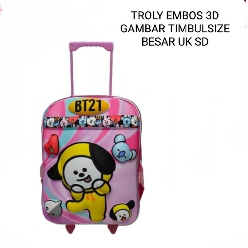 Ransel Troly 3D Embos Tas roda anak sekolah perempuan SD size besar