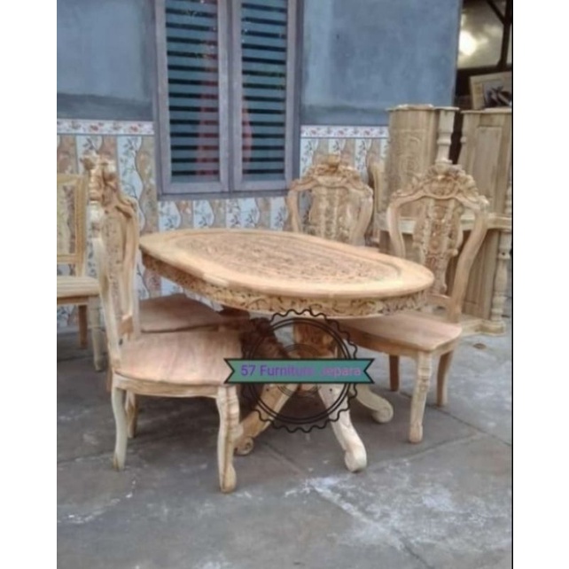 Satu Set Meja Kursi Makan Antik Kayu Jati - Meja Kursi Klasik Ukiran Jepara - Mentahan