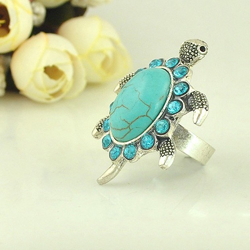 Hu Hu Hu Hu Hu Alat Bantu Pasang Kacamata♡ Cincin Jari Desain Kura-Kura Turquoise Biru Aksen Berlian Imitasi Untuk Wanita