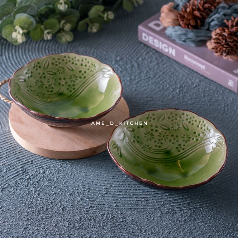 Mangkok keramik daun hijau medium P-3