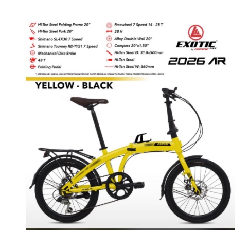 Sepeda Lipat Folding Bike Exotic By Pacific 2026 AR 20 Inch 7 Speed Garansi Termurah-Black Yellow
