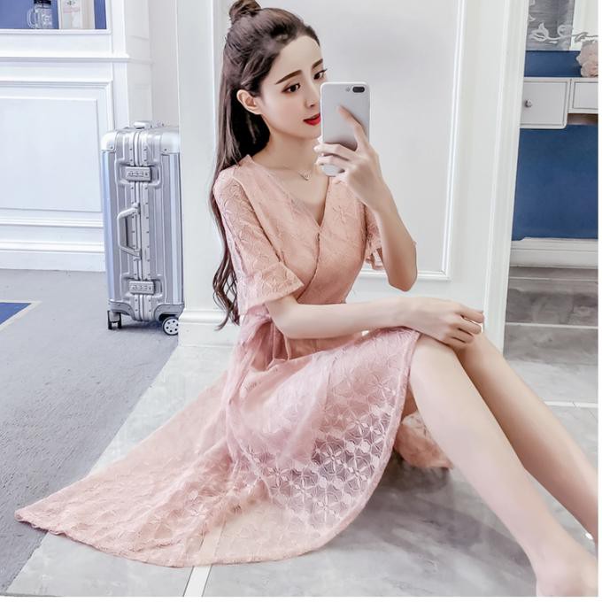 Dress Wanita Pink Brukat Korea Model Cantik Lengan Pendek Elegant Indahinsyahs