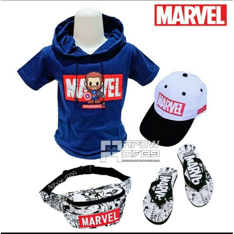 paket 4IN1 baju kaos anak laki laki tas selempang anak topi anak laki laki FREE sendal marvel waistbag anak usia 1-10 tahun